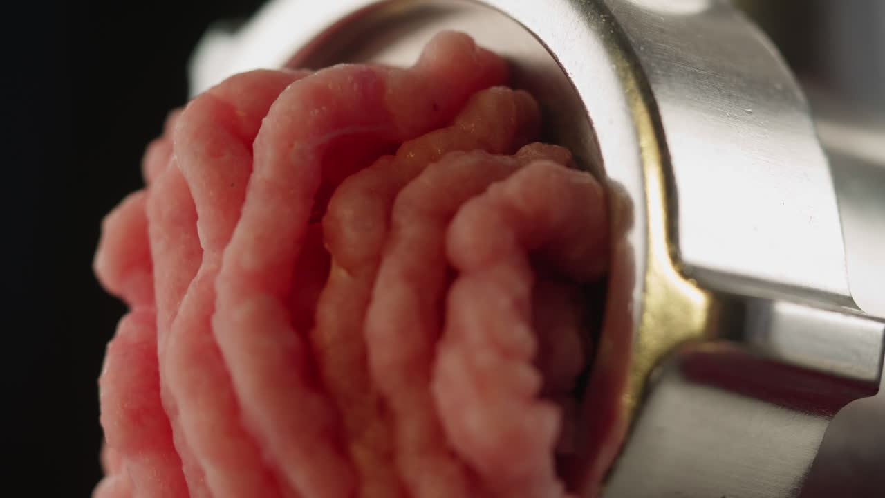 измельченное мясо, выходящее из мясорубки