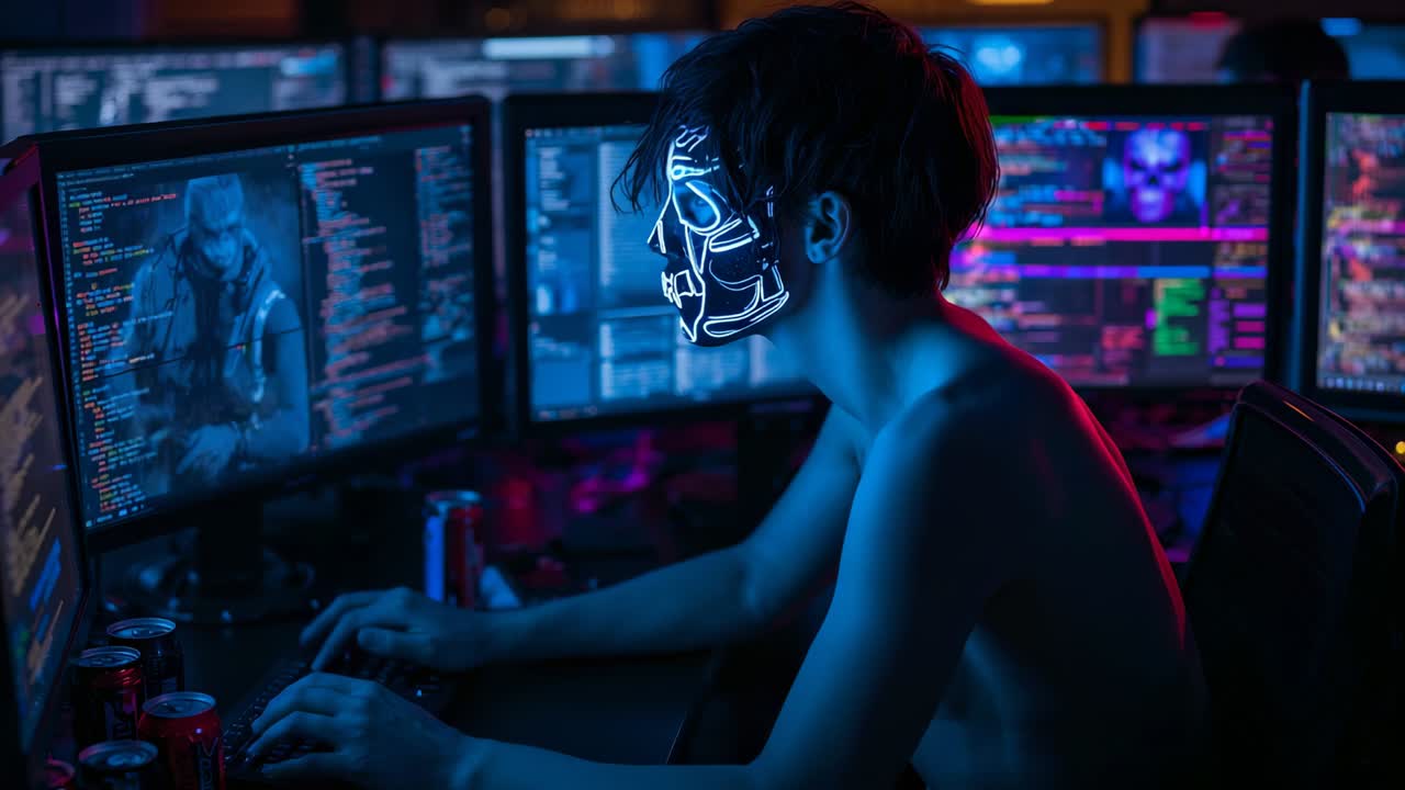 Starting shirtless man with glowing LED mask typing, scrolling code at desk screens, copy space