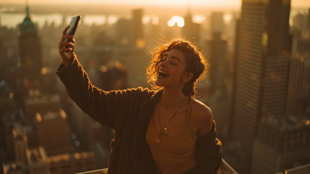 Filmato cinematografico di una giovane donna sorridente che si scatta un selfie con lo smartphone su un tetto all'ora d'oro, con un caldo controluce e uno skyline moderno sfocato alle sue spalle.