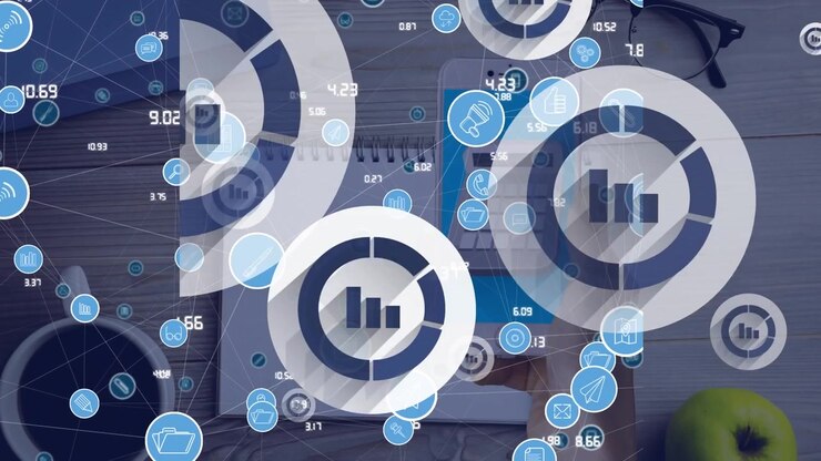 Animation of media icons over hand using smartphone