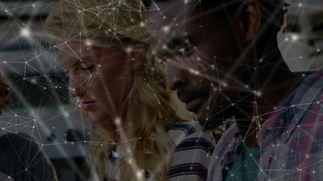 Working together, diverse people processing data in network of connections animation