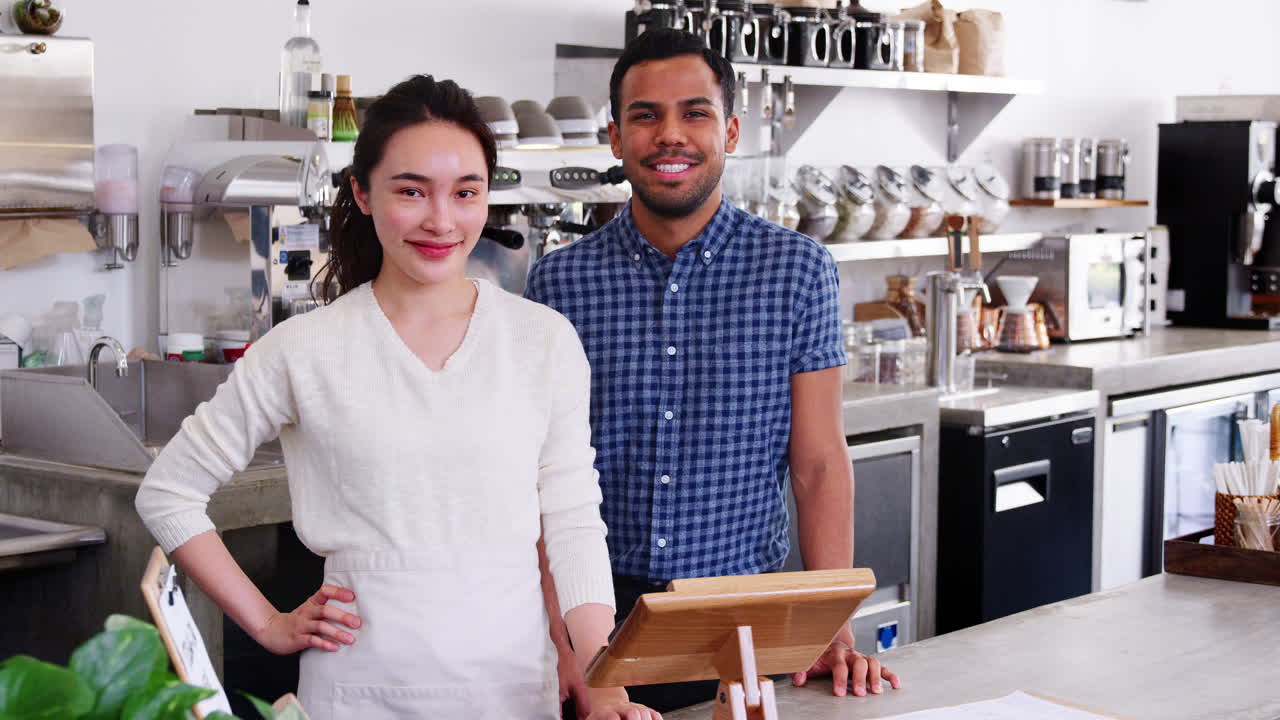 Young mixed race couple coffee shop owners looking to camera