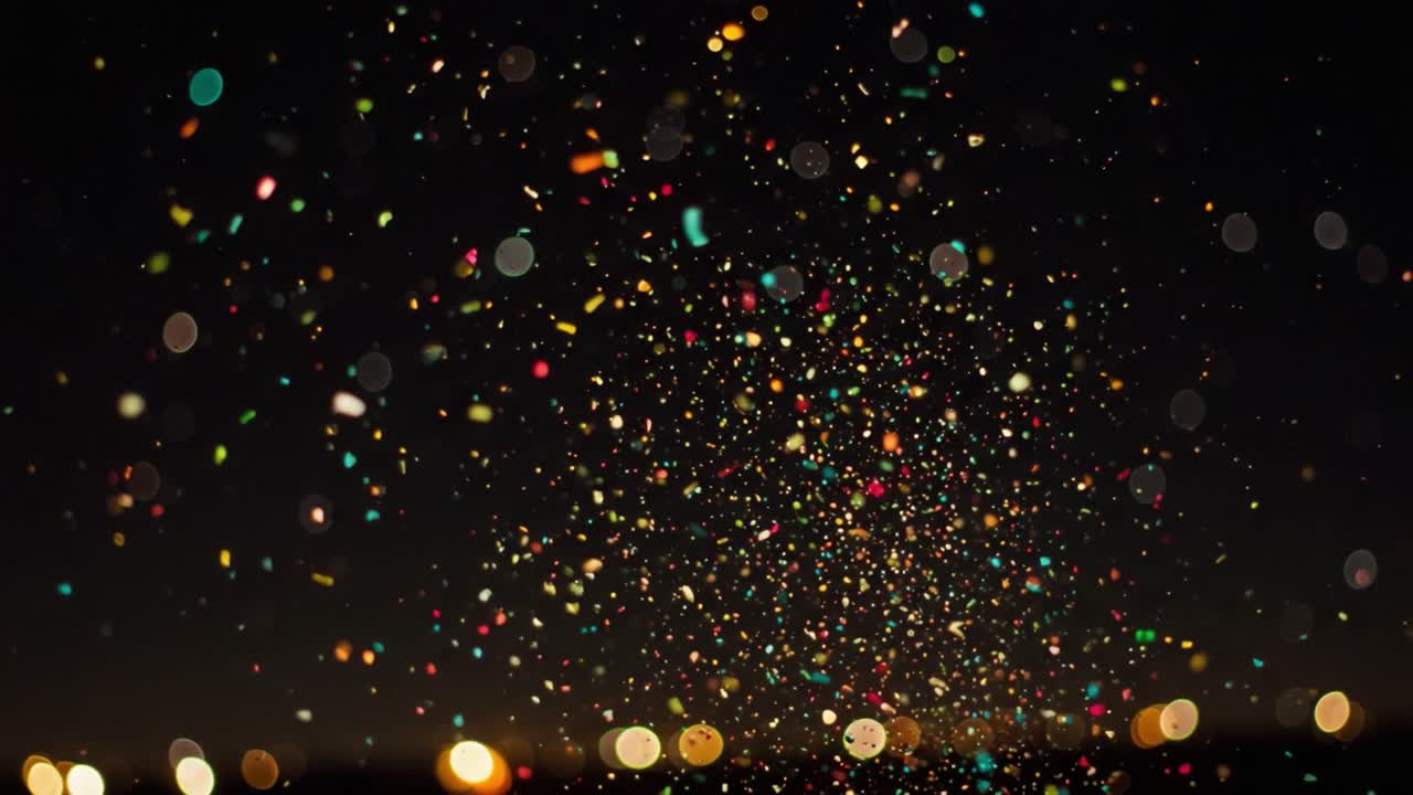 Un'esplosione vibrante di coriandoli colorati in un cielo notturno scuro cattura lo sguardo con il suo scintillio giocoso e crea un'atmosfera magica piena di gioia e celebrazione