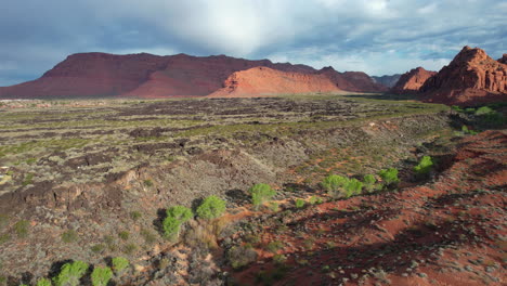 Aerial-View-of-Snow-Canyon-State-Park,-Utah-USA,-Red-Sandstone-Hills-and-Landscape,-Drone-Shot