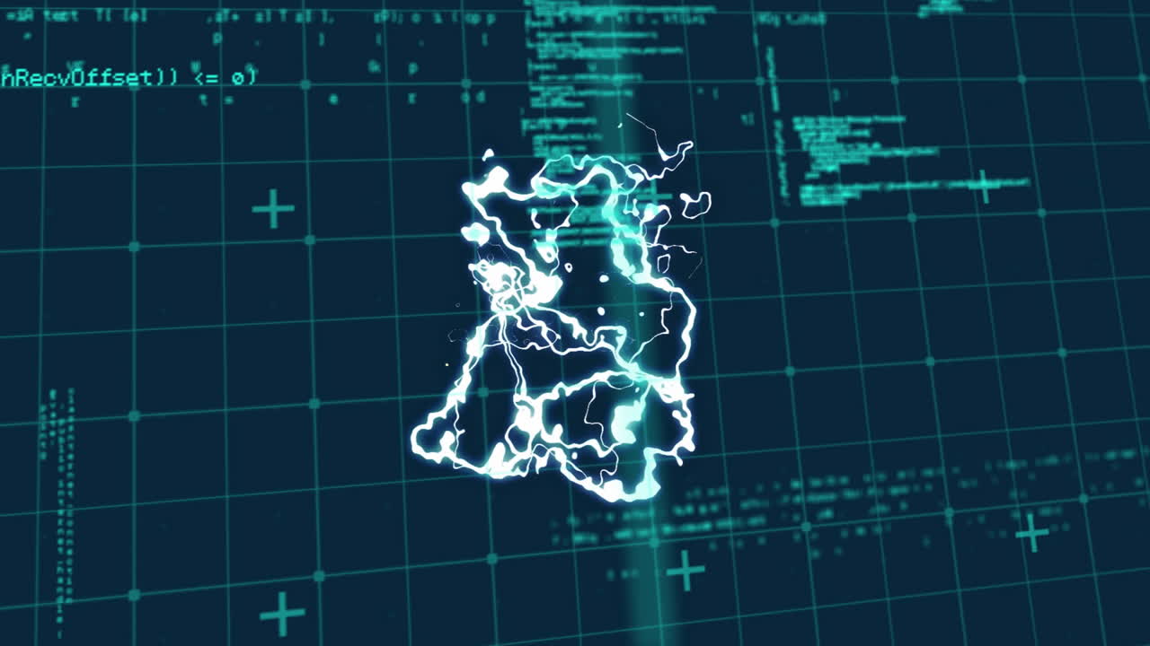 Forming abstract shape, glowing electric lines over animation on digital grid