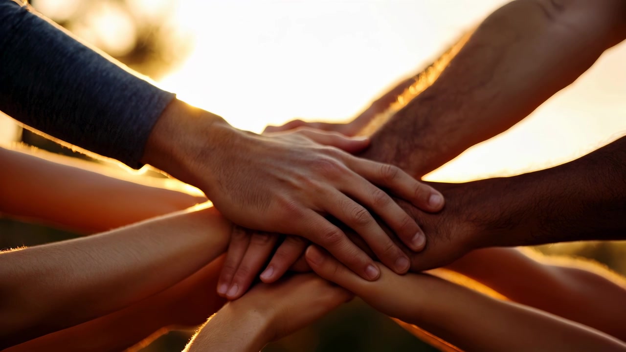 Diverse Hands Stacked Together in Warm Sunset Light