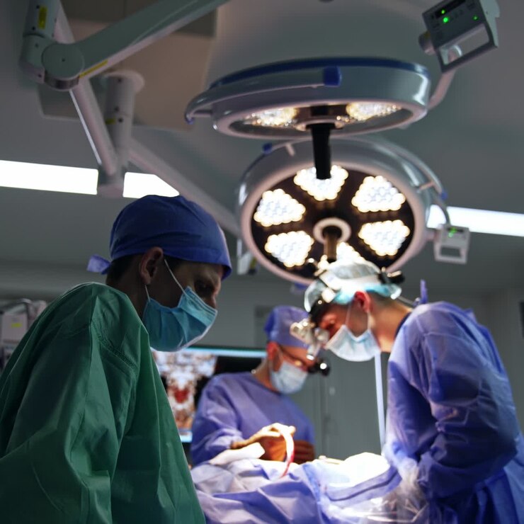 Assistant looks at the work of neurosurgeons. Two doctors perform operation under the bright lamps. Low angle view