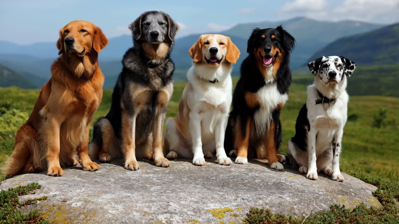 Group of Dogs Sitting on a Rock in Nature