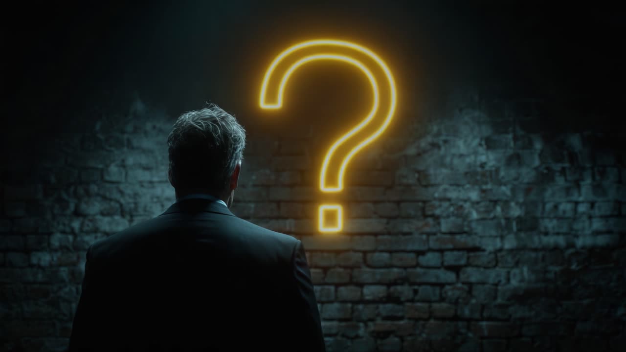 A Mysterious Encounter: A Man Contemplates the Unknown in Front of a Question Mark Neon Sign, Evoking Thoughts of Curiosity and Reflection in a Dramatic Setting