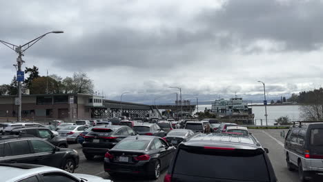 cars waiting to be loaded on the bainbridge ferry