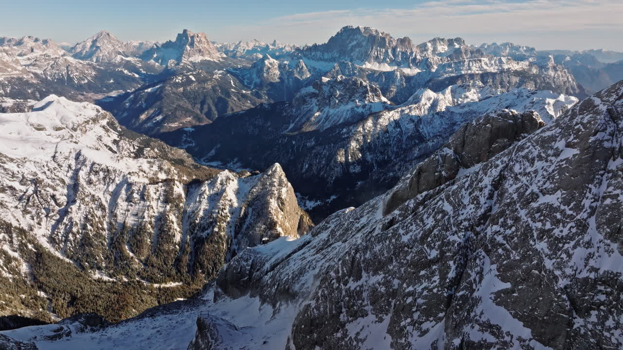 Aerial drone view of the Marmolada mountain in the Dolomites, northeastern Italy