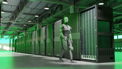 Cyborg,-Humanoid,-Wandelnder-Spion,-Server,-Internet,-High-Tech,-Roter-Alarmraum,-Geburtskonzept,-Künstliche-Intelligenz-übernimmt-In-3D-Rendering-Animation,-Cybersicherheitskrieg