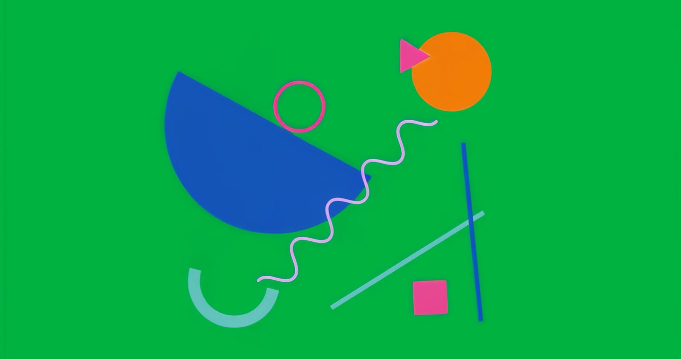 Forme al neon, aloni di rumore pulsanti e un anello magenta luminoso che animano un layout astratto su una tela trasparente
