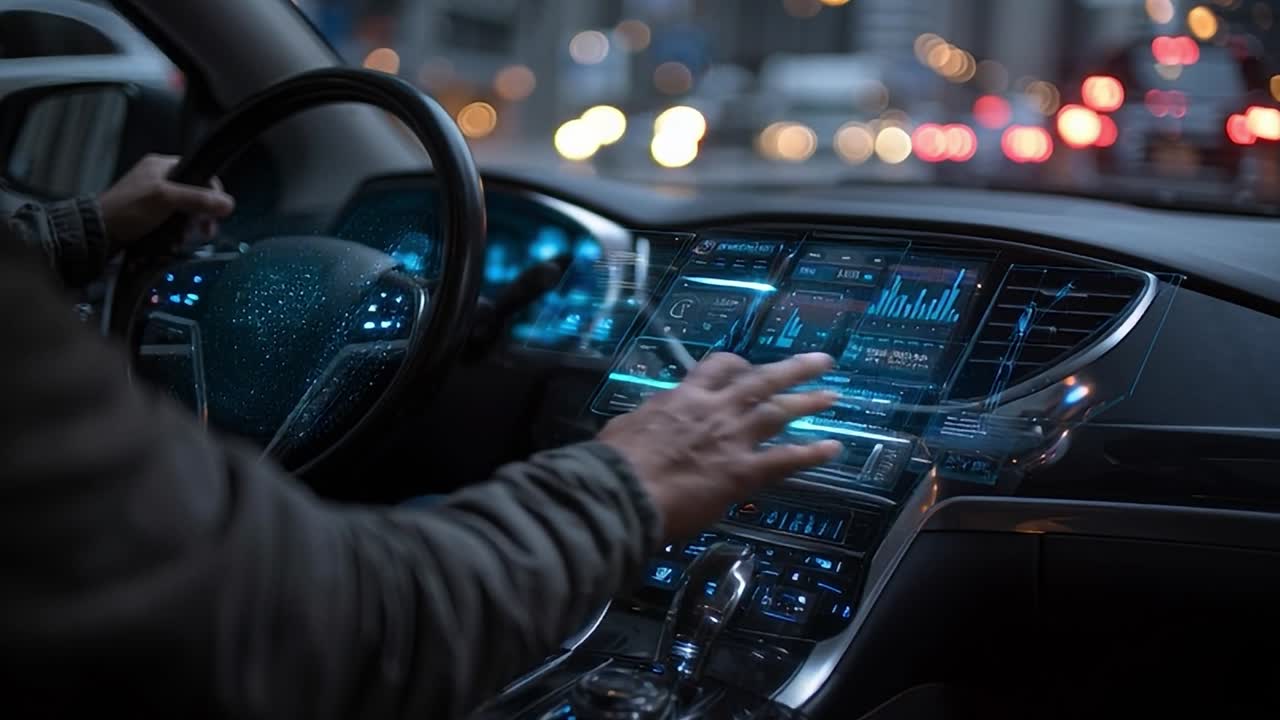Interno di auto moderno con controlli avanzati sul cruscotto di notte