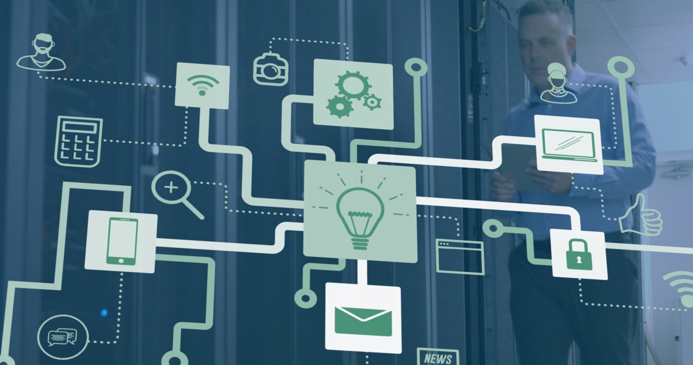 Animation of media icons over caucasian male worker inspecting server room