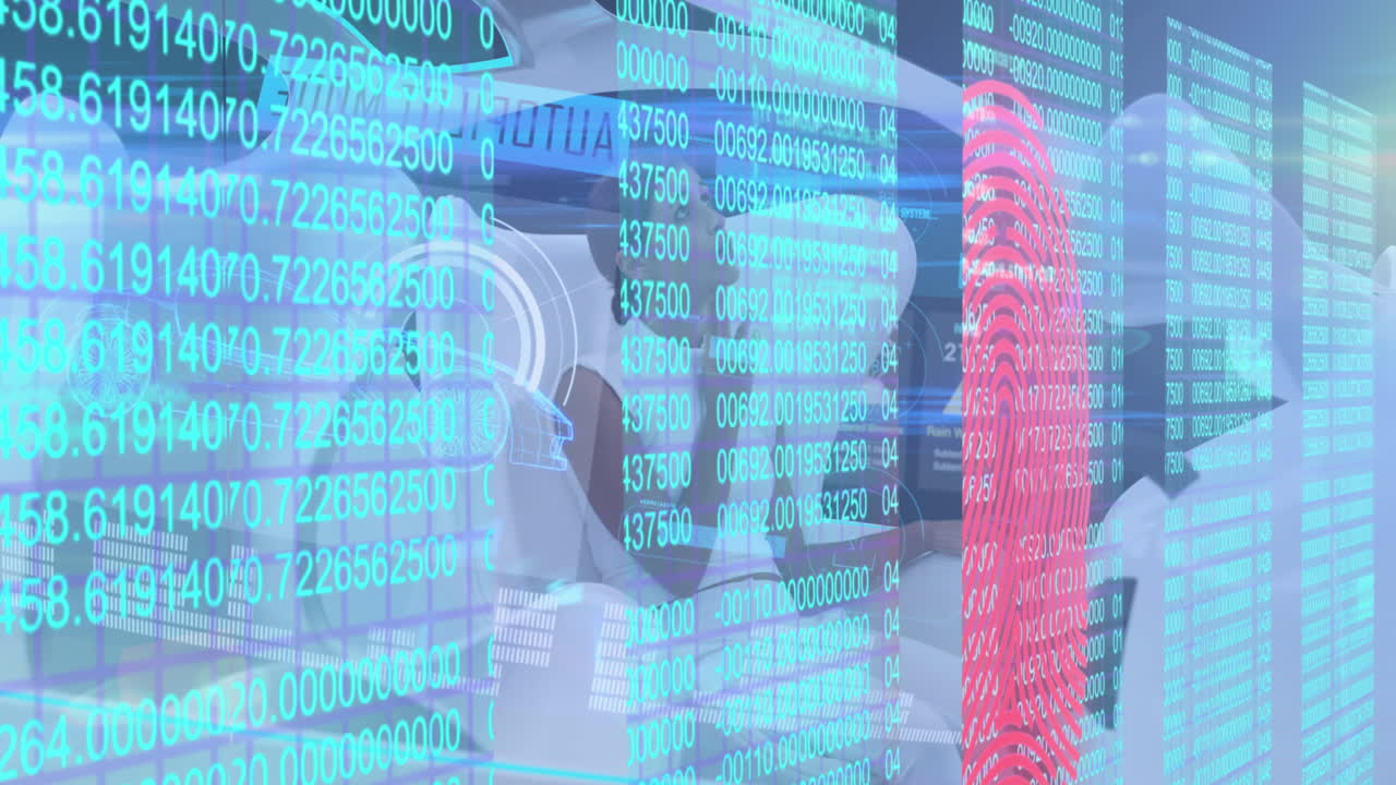 Animation of biometric fingerprint and data processing over woman in self drive car