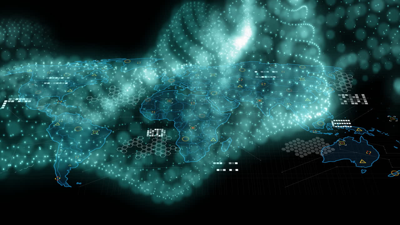 Animation of futuristic digital map with glowing data points and network connections