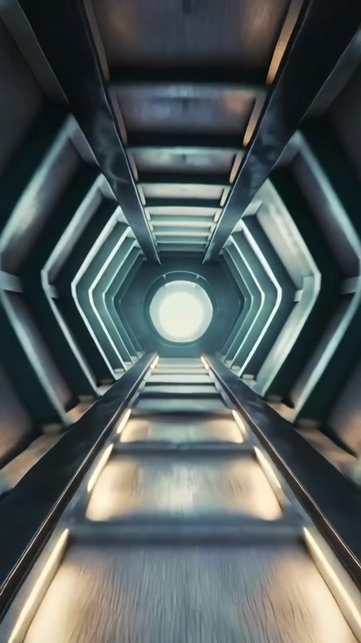Vertical video: Entering camera moving through hex ribs and lit panels toward portal