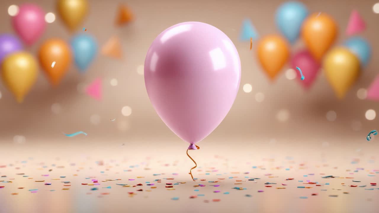 Una scena splendidamente decorata con un palloncino rosa centrale circondato da palloncini festivi colorati e coriandoli vivaci su uno sfondo tenue.