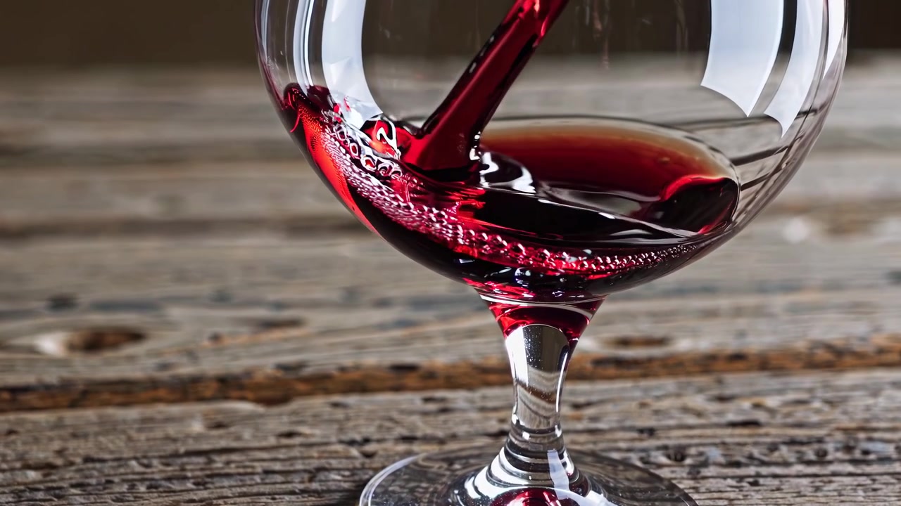 Vino rosso versato in un bicchiere su un tavolo di legno rustico