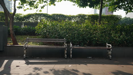 no people nobody wooden chair at city park abandoned old from front