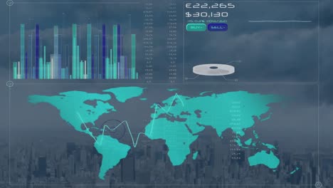 Animation-of-financial-data-processing-and-world-map-over-landscape