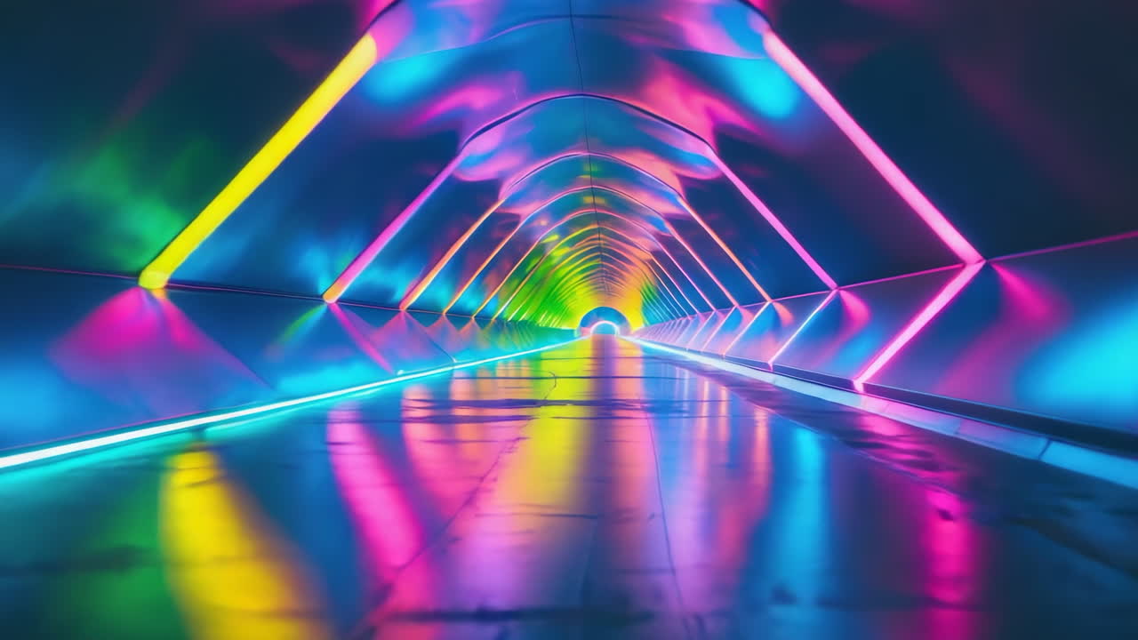 Vibrant Rainbow Neon Lit Futuristic Tunnel with Reflective Floor