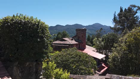 Tourist-attraction-on-hilltop,-beautiful-garden-and-Monserrate-Monastery-in-Bogota,-Colombia