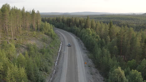 4k drone shot of a car driving in the wild forest