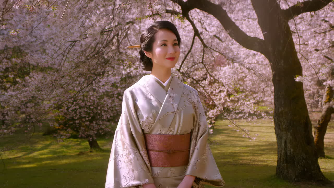 Woman in Kimono Amidst Cherry Blossoms