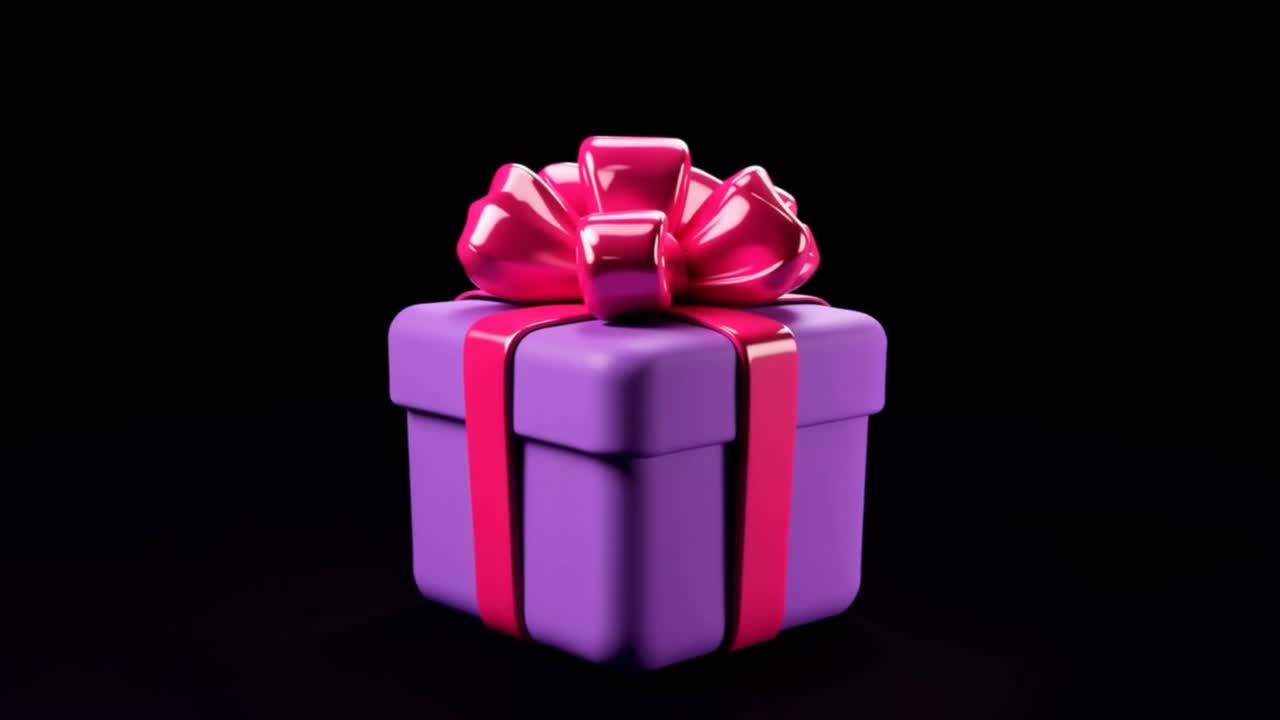Rotating 3D Purple Gift Box with Pink Ribbon on Black Background