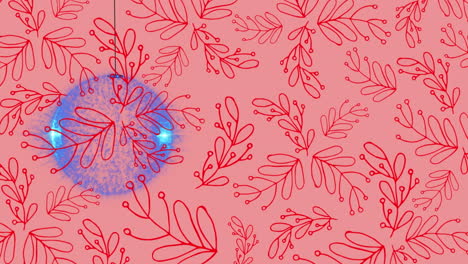 animation of christmas bauble over mistletoe pattern on pink background