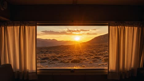capturing the essence of nature’s majesty: a breathtaking sunset view framed by curtains, illuminating a picturesque landscape from the comfort of a room