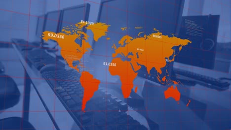 Animación-Del-Procesamiento-De-Datos-Y-Mapa-Mundial-A-Través-De-La-Red-Grid-Contra-Computadoras-En-Escritorios-De-Oficina