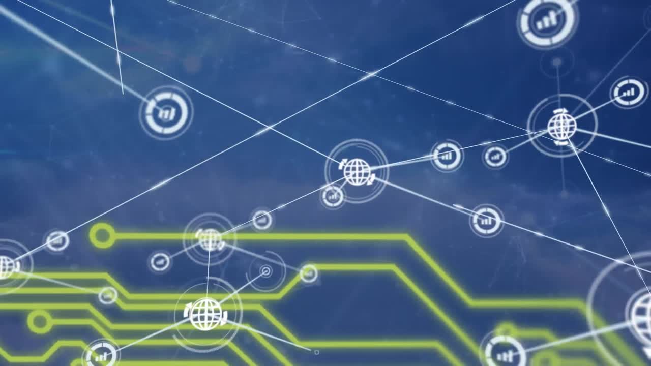 animación de la red de conexiones de la placa de circuitos con iconos digitales