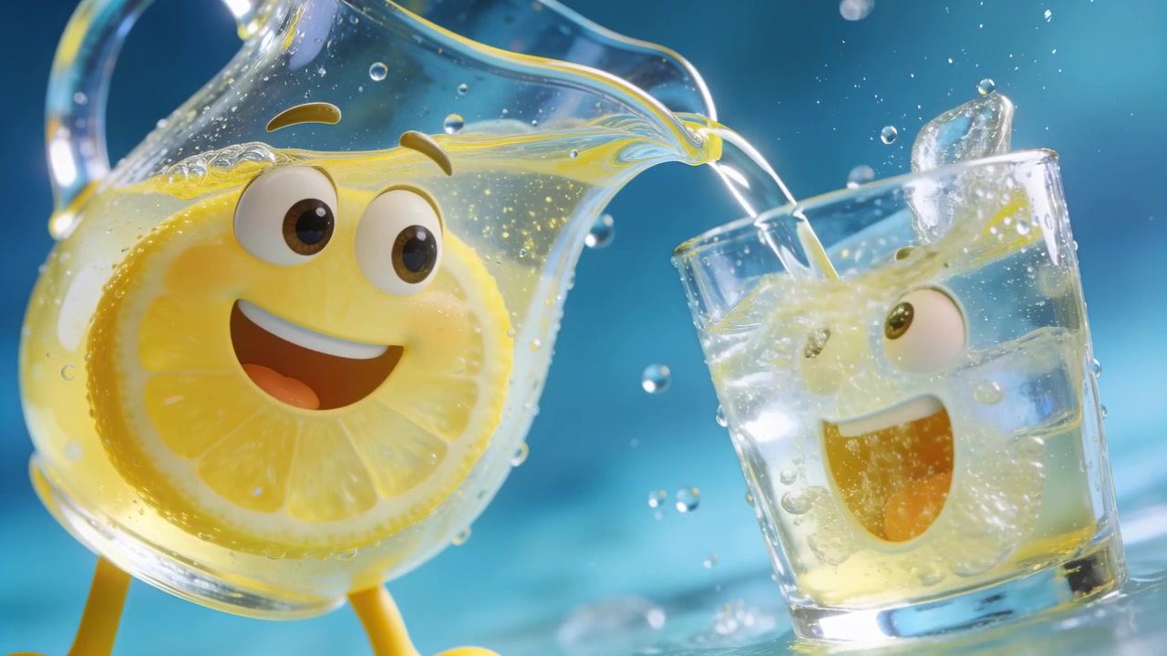 En kande med citronskiver tippes, og en gul drik hældes i et glas til en ven i studiet, med synlige dråber.