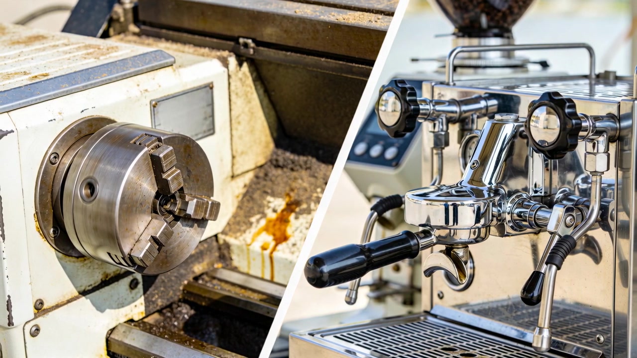 Shifting camera revealing lathe chuck and espresso portafilter in workshop and cafe, showing chrome