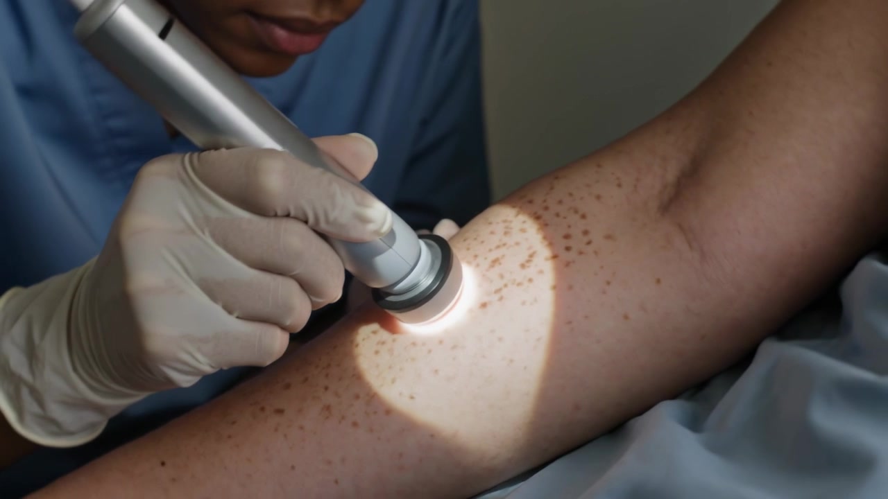 Leaning gloved clinician in blue scrubs scanning patient forearm with scope on pad inspecting spots