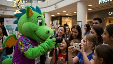a friendly dragon mascot captures joyful moments with excited children and families in a vibrant shopping mall setting, creating lasting memories together