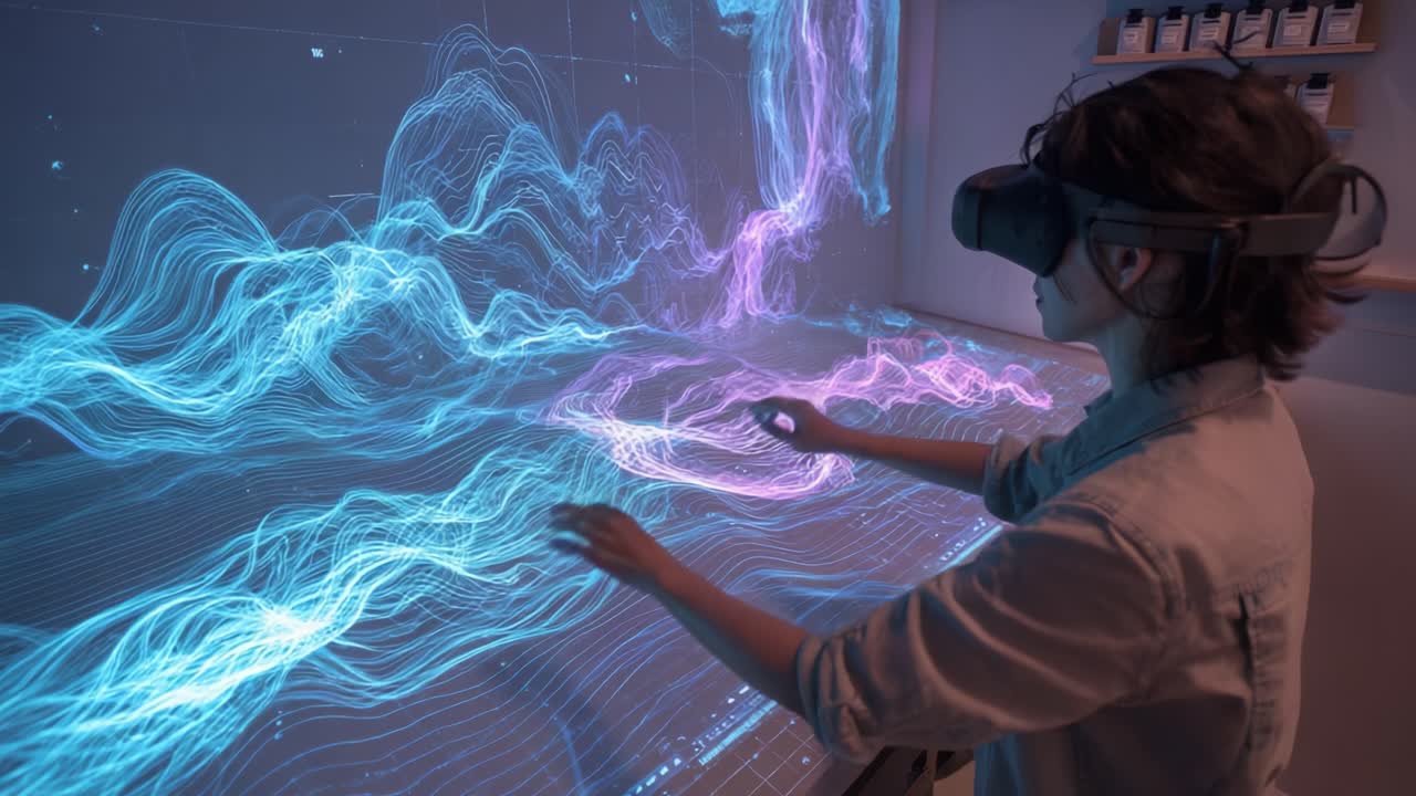 Immersive Virtual Reality Experience: Individual Engages with Dynamic Data Visualizations through Gesture and Interaction, Exploring the Boundaries of Digital Interfaces and Technology in a Modern Workspace
