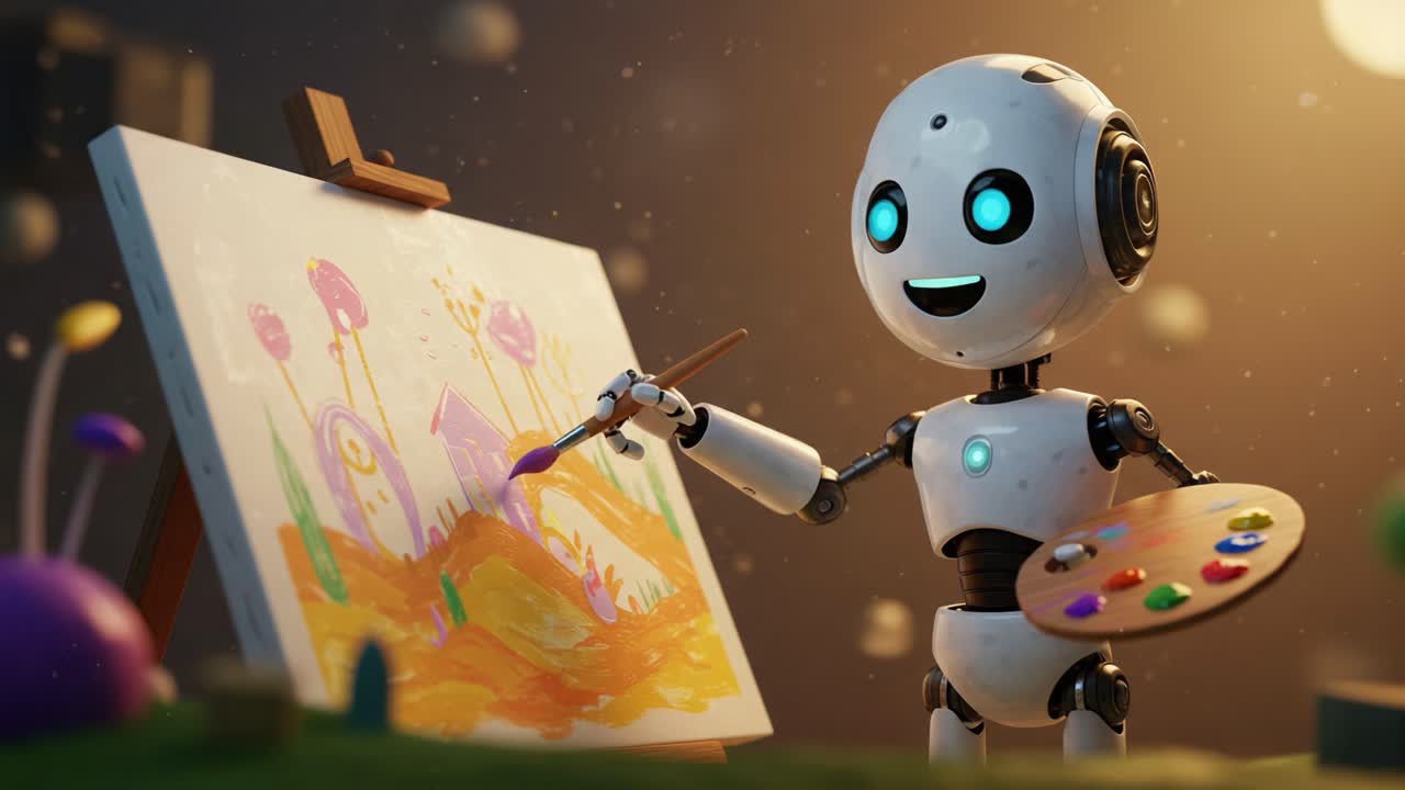 Un artista robotico allegro che dipinge con gioia una scena colorata piena di fiori e case stravaganti, mettendo in mostra creatività e innovazione nell'intelligenza artificiale