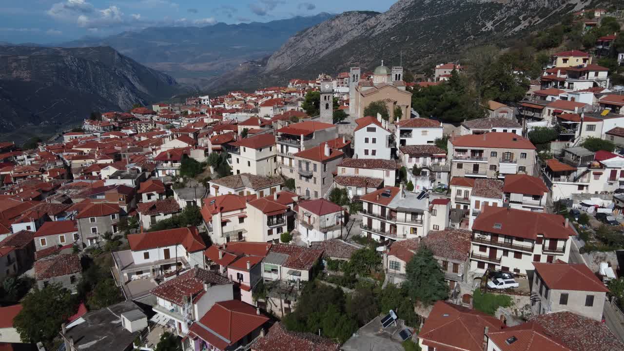 Aerial approach to the Church of Saint George, Arachova, Greece