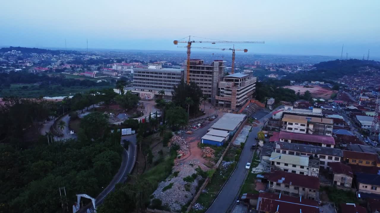 Aerial view of a large hotel under construction in Ibadan, Nigeria. The Premier hotel is being renovated and upgraded.
