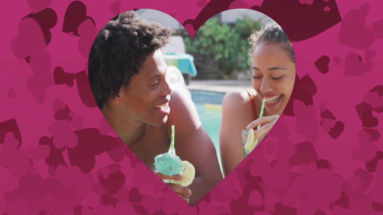 Eating ice cream by pool, couple framed by heart and pink animation background