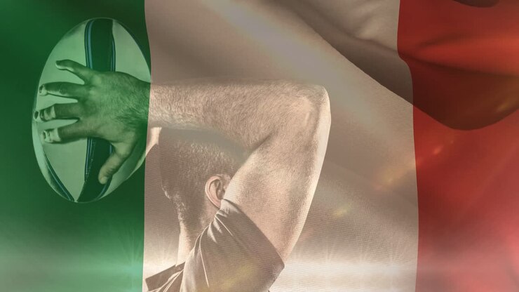 Animazione della bandiera italiana su giocatore di rugby maschio caucasico con il pallone nello stadio