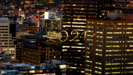 animation of 2021 text with orange spots falling over cityscape background