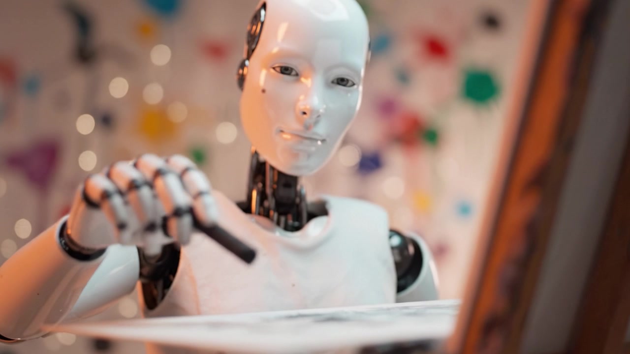 Un artista robotico utilizza uno strumento di disegno per creare opere d'arte su tela, mostrando la fusione di tecnologia e creatività in un ambiente visivamente sbalorditivo e ricco di colori