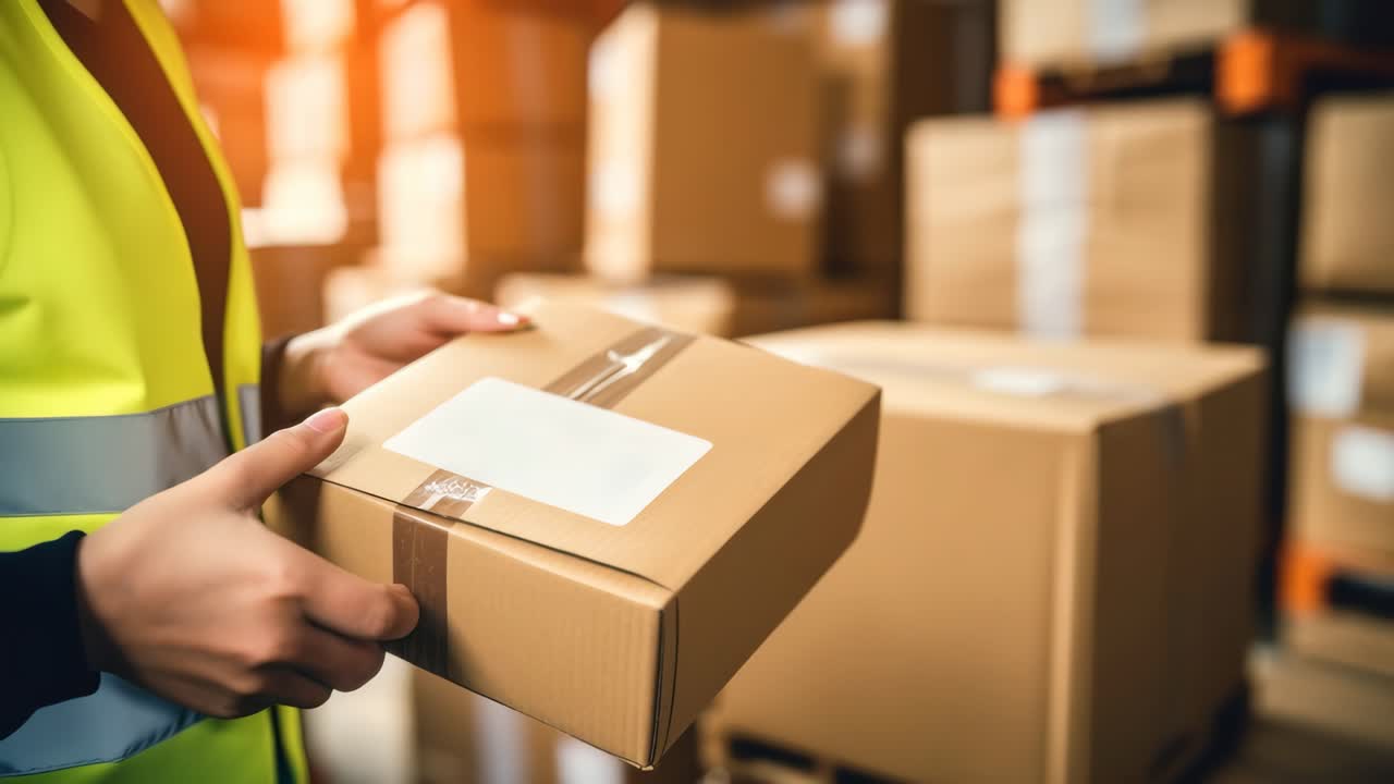 Close-up, side-angle shot of a worker holding a package in a warehouse