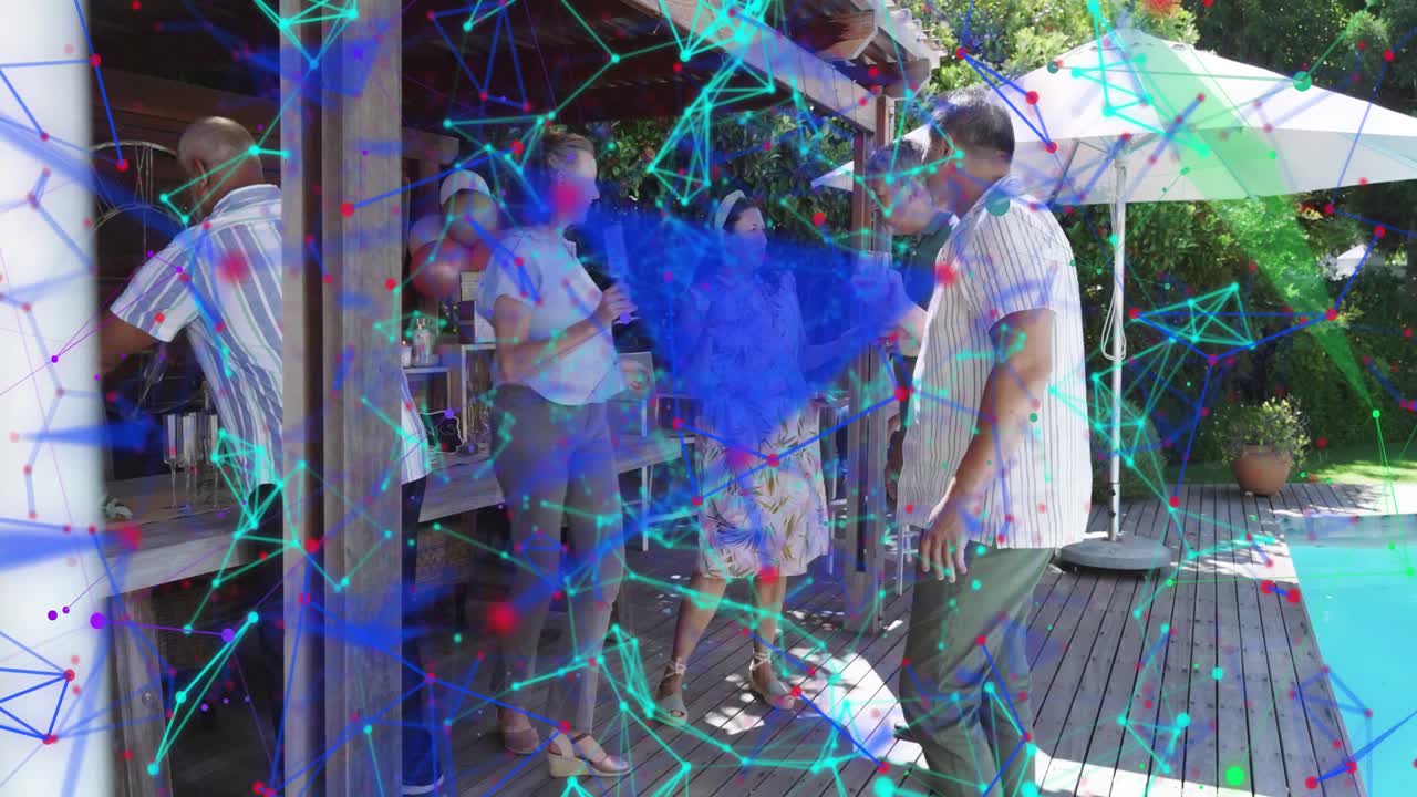 Woman walking up, event guests gathering around bar socializing, drink icons rising to glasses