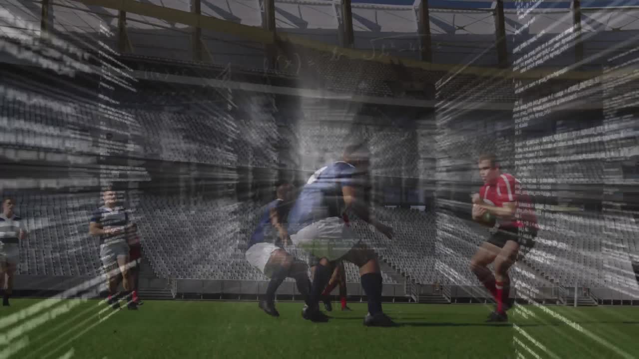 스타디움에서 럭비 선수들에 대한 데이터 처리 애니메이션